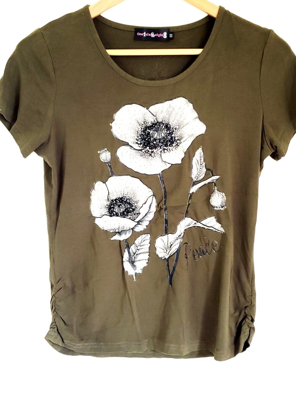 Y2K Vintage Rhinestone Olive Green Waterdrop Floral Tee Size SMALL